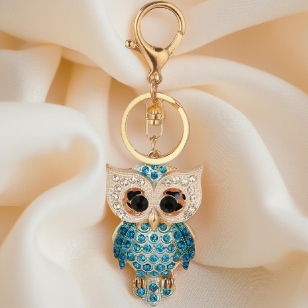 Owl Keychain Bag Charm | Blue and Gold-Tone with Rhinestones